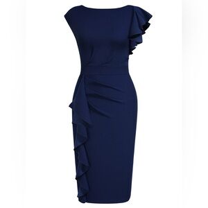 Aisize navy blue ruffle cap sleeve pencil midi dress
